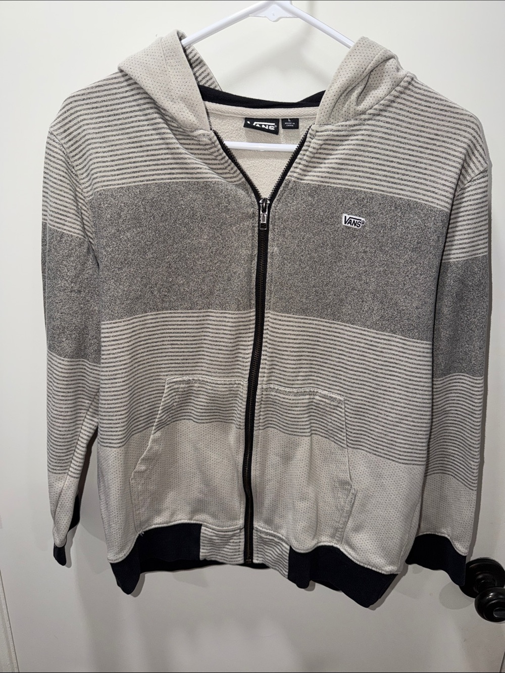 Vans Men's Gray Striped Zip Hoodie with Black Trim